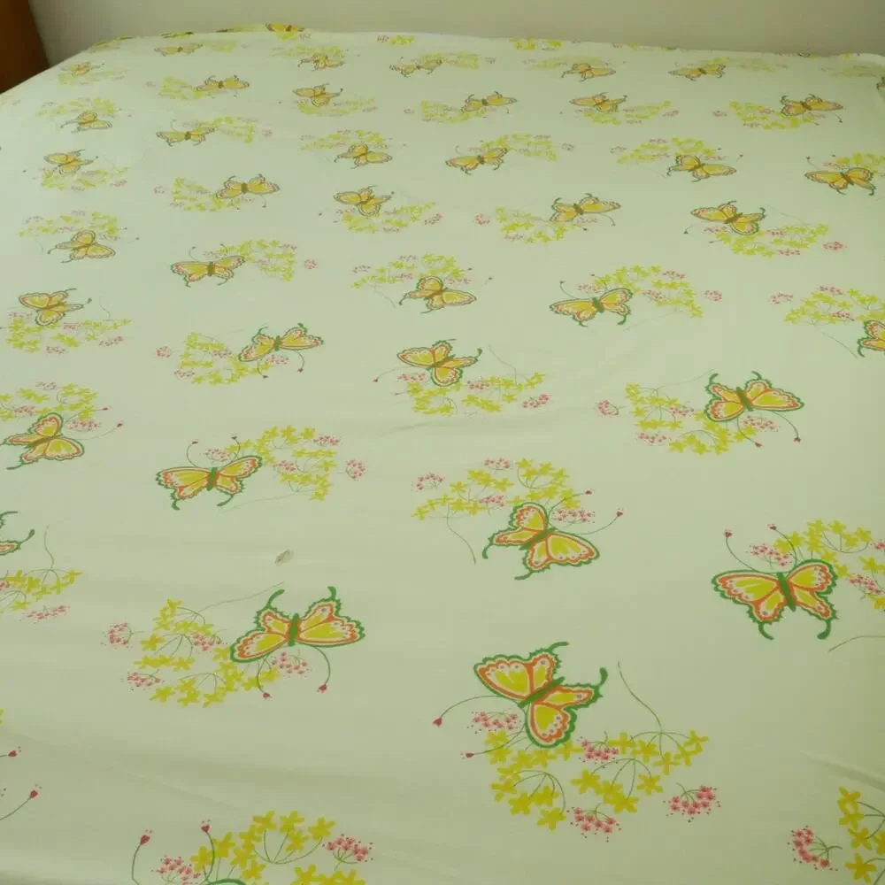 Vintage 70s Queen Sheet‎ Set Yellow Floral Butterflies Marlene Tastemaker Dainty